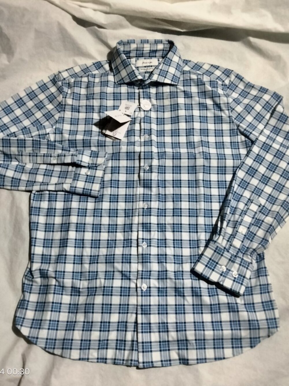 Porter & Ash Mens Sz L Blue White Plaid Performance Stretch Slim Fit Dress Shirt